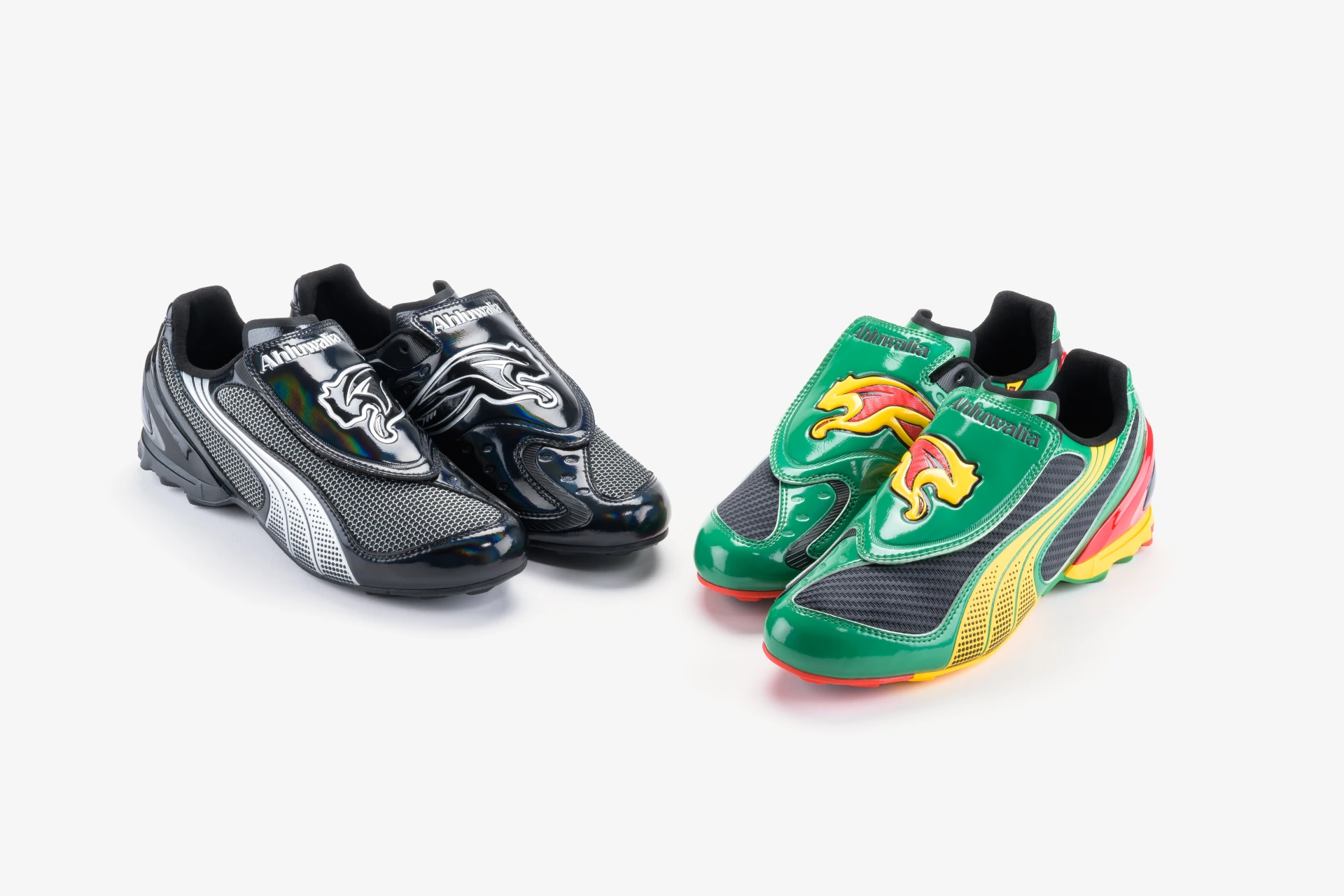 Two pairs of V-S1 shoes, one grey and black, the other multicoloured