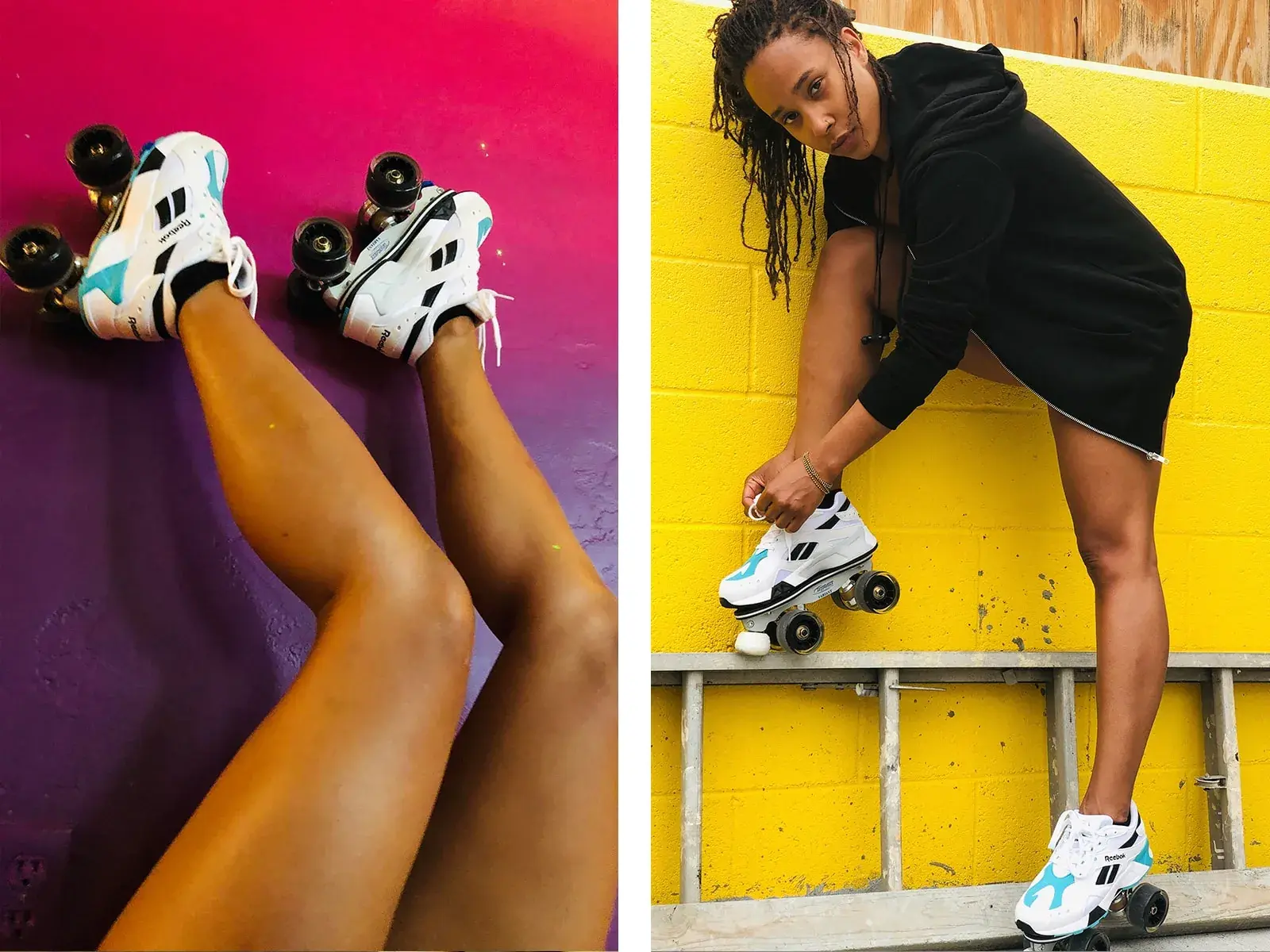 Tinuke Oyediran adjusting her roller skates in a colourful photographic diptych